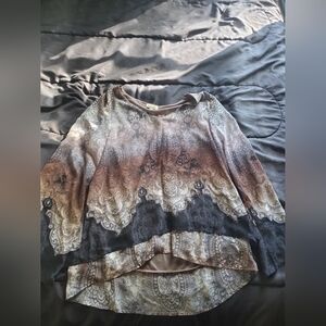 women large ONE WORLD top sheer long sleeve